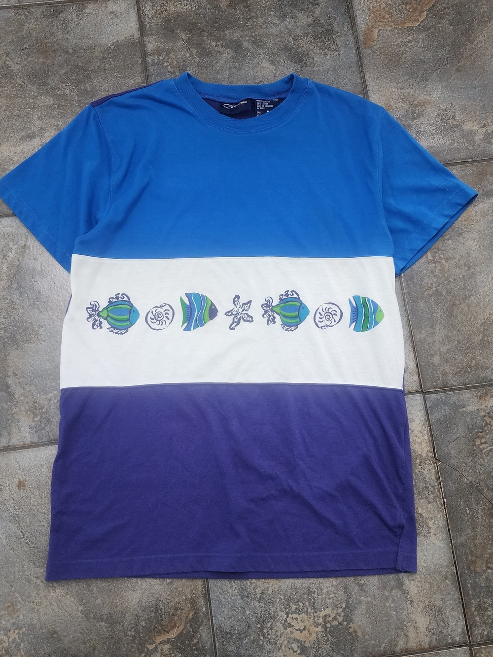 Vintage 90s Catalina Men's Medium Fish Seashell Beach Colorblock Surfer T Shirt